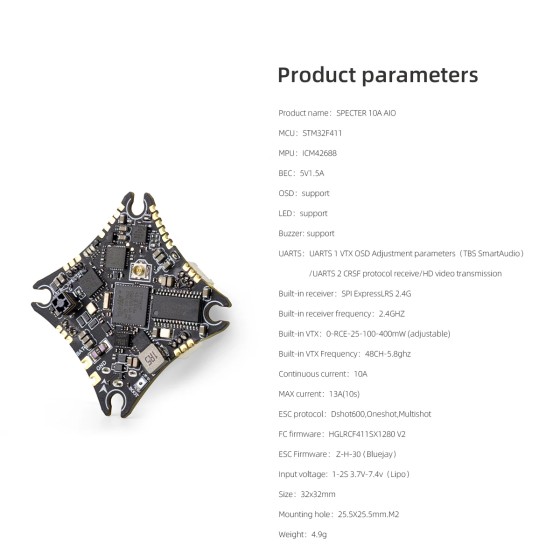 HGLRC SPECTER 10A 1-2S AIO F411 Flight Controller BLHELIS 10A 5.8G 400mW VTX SPI ELRS 2.4G for 65-85mm Whoop Toothpick Drone